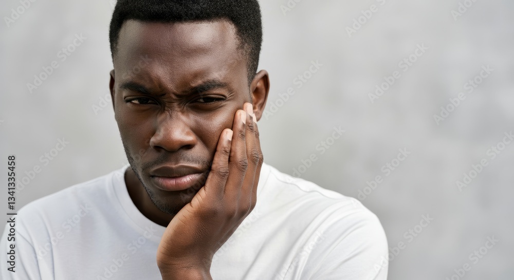 Obraz premium African male adult with toothache holding jaw in painful expression