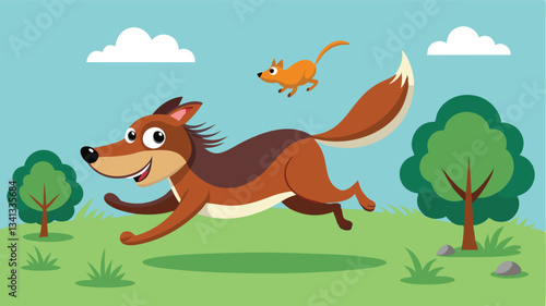 Happy dogs enjoying a sunny day in the park while playing together on green grass surrounded by trees and a clear blue sky
