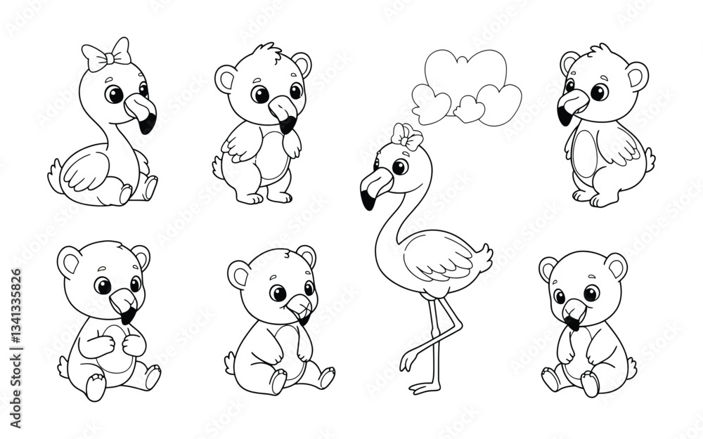 Cute Flamingo and Bear Cartoon Illustration in Black and White Cute Flamingo and Bear Cartoon Illustration in Black and White
