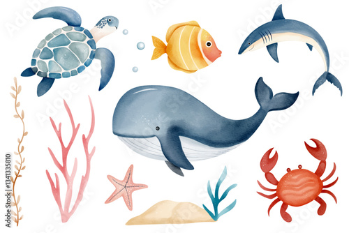Watercolor marine animals. Cute whale, turtle, fish, crab. Water inhabitants. Hand drawn underwater sea life