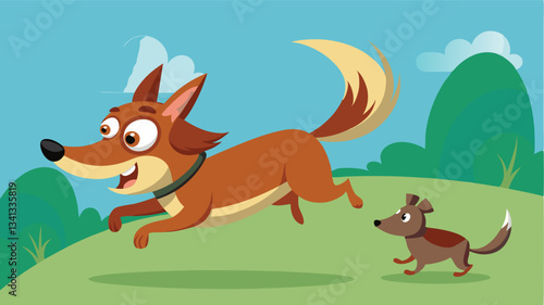 Happy dogs enjoying a sunny day in the park while playing together on green grass surrounded by trees and a clear blue sky
