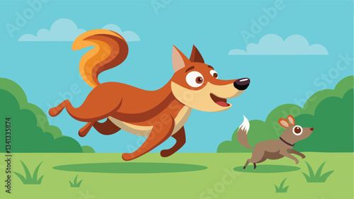 Happy dogs enjoying a sunny day in the park while playing together on green grass surrounded by trees and a clear blue sky