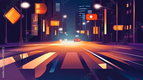Night City Street View: A Vibrant Urban Landscape Illustration