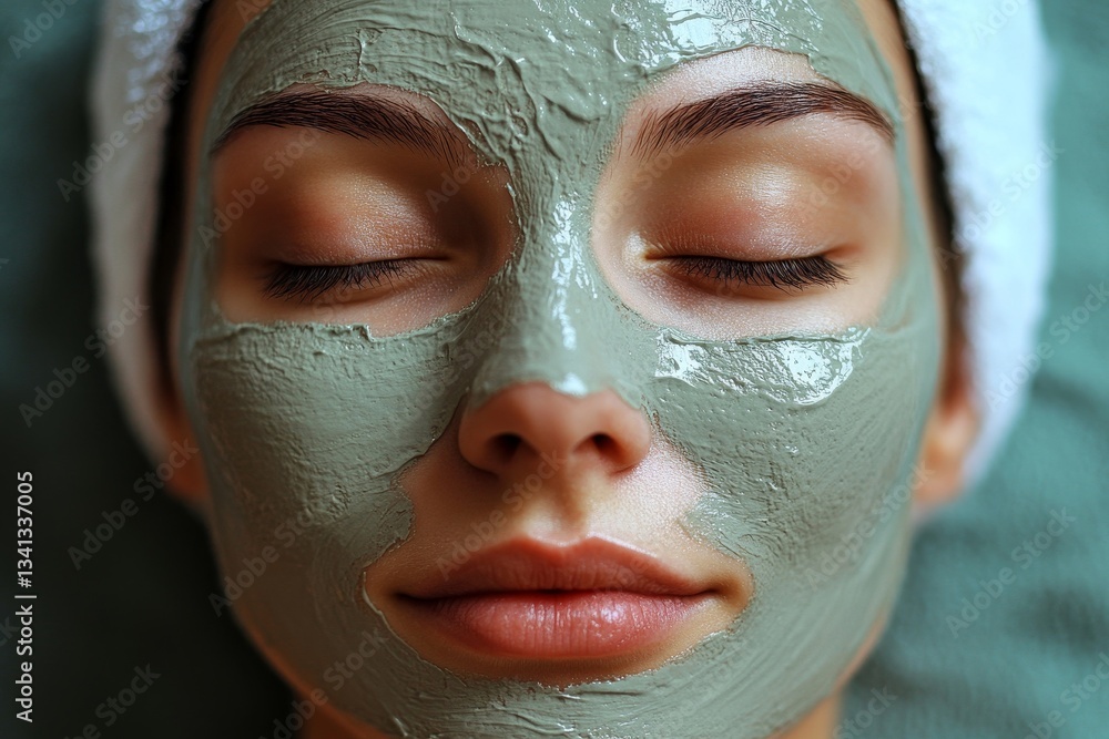 a woman with a facial mask, relaxing and enjoying a spa treatment, with a towel on her hair a woman with a facial mask, relaxing and enjoying a spa treatment, with a towel on her hair