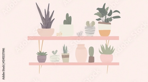A Delicate Display of Potted Plants on a Pink Shelf
