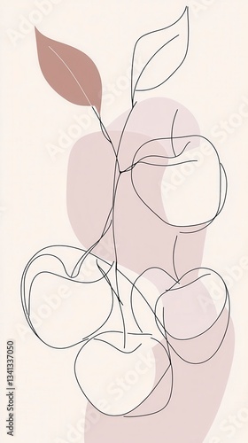 Elegant Line Art Cherries and Leaves Minimalist Botanical Illustration