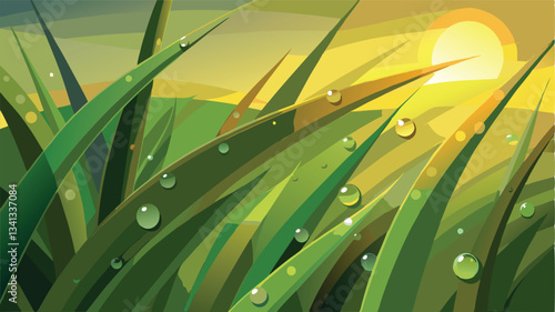Morning dew glistens on vibrant grass as the sun rises over the hills in a tranquil landscape illustration