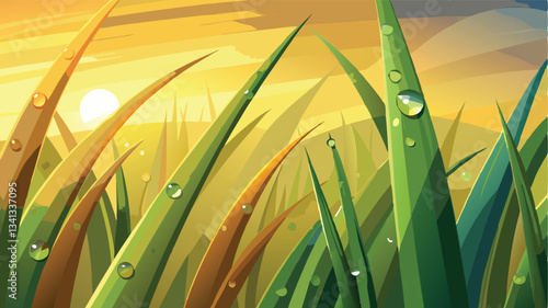 Morning dew glistens on vibrant grass as the sun rises over the hills in a tranquil landscape illustration