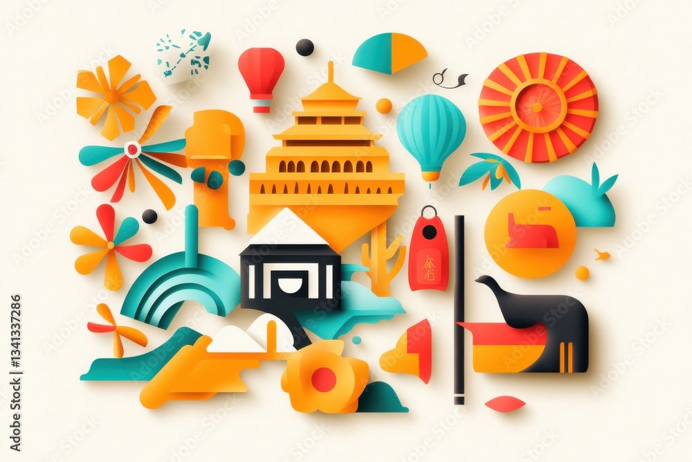 Fototapeta premium Vibrant Paper Cut-Out Illustrations of Cultural Symbols and Objects