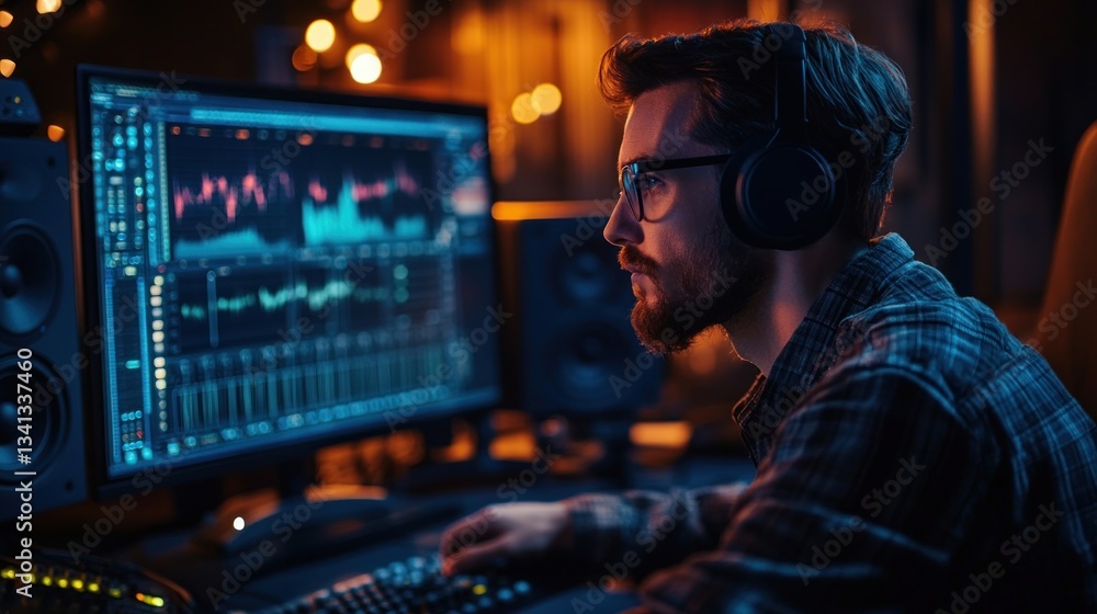 Focused music producer analyzing audio waveforms on computer monitor in studio Focused music producer analyzing audio waveforms on computer monitor in studio