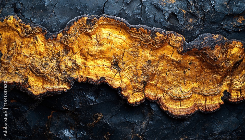 Golden chaga mushroom texture on a dark mineral background creating a stunning natural texture background for design and inspiration. Golden chaga mushroom texture on a dark mineral background creating a stunning natural texture background for design and inspiration.