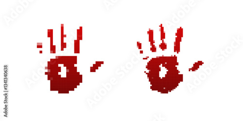 Two red pixel style blood stained handprints, one rougher and more distorted. The eerie design evokes horror, crime, and thriller themes, perfect for retro horror games, dark digital art, or eerie