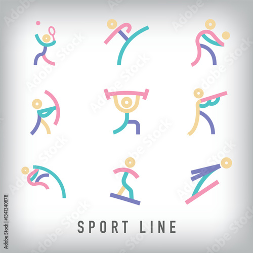 9 different sports design sets with lines in modern colors. Unique line sports line design, corporate identity.