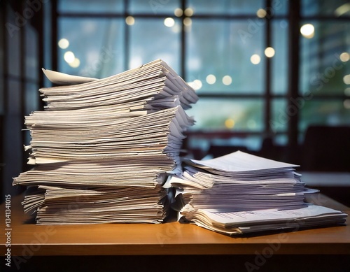 窓際の机に山のように積み重ねられた書類