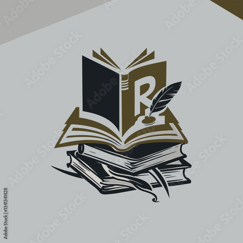 Illustrative Logo of Book with Feather Symbolizing Knowledge and Elegance