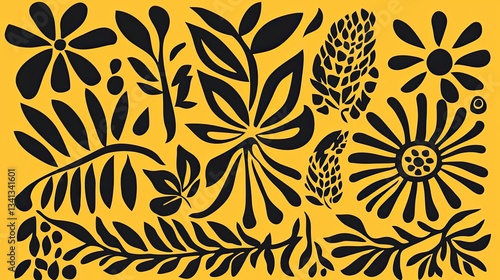 abstract folk art designs in yellow.