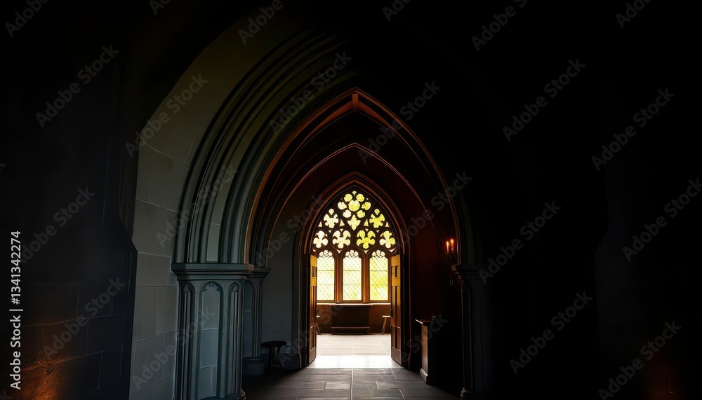 Dark, pointed archway in a gothic home's interior, window, dwelling Dark, pointed archway in a gothic home's interior, window, dwelling