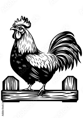 Black and white vector rooster illustration. Farm animal, poultry, rural life. Line art for tattoo, logo, engraving, laser cutting, and design projects.