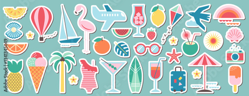Trendy summer stickers or badges. Modern geometric vector icons of vacation mood in flat design. Cute holiday trip illustrations for poster, diary journal, print, scrapbook and planner.