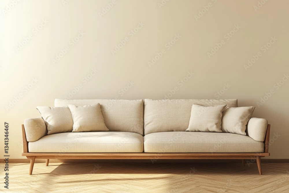 a modern, minimalist sofa with cushions in a warm-toned living room, simple and stylish interior design a modern, minimalist sofa with cushions in a warm-toned living room, simple and stylish interior design