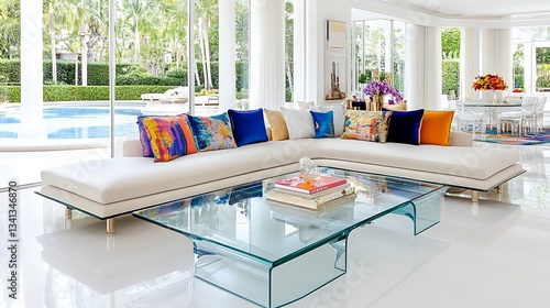 Wallpaper Mural Modern Sectional Sofa with Colorful Pillows in Luxurious Living Room Overlooking Pool Torontodigital.ca
