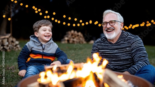 Happy Grandfather and Grandson by Bonfire