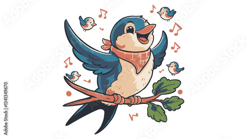 Cute Cartoon Swallow Perching on a Branch with Clouds in the Background