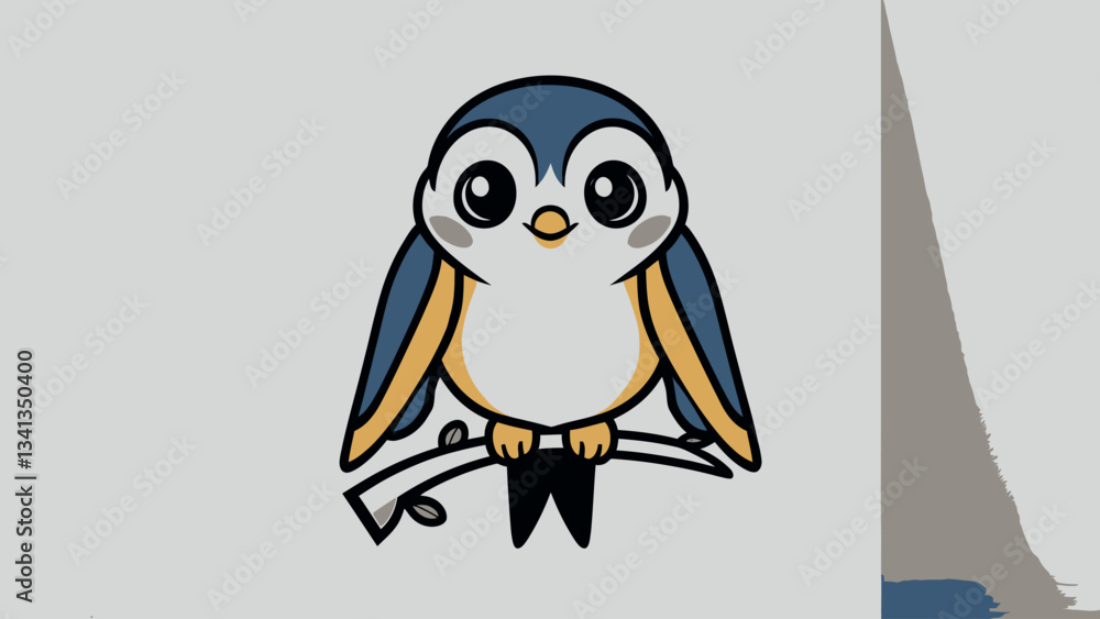 Naklejka premium Cute Cartoon Swallow Perching on a Branch with Clouds in the Background