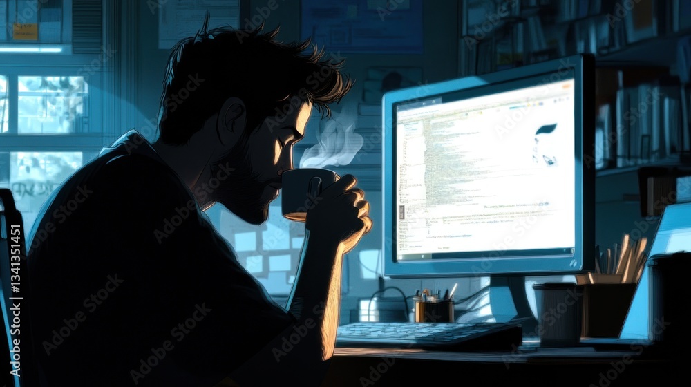 Nighttime coding session with coffee break for focused computer worker Nighttime coding session with coffee break for focused computer worker