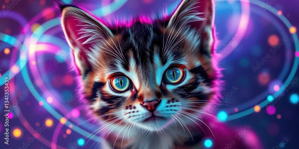 Enigmatic kitten's eyes gleam, surrounded by swirling neon data streams, data, glowing Enigmatic kitten's eyes gleam, surrounded by swirling neon data streams, data, glowing