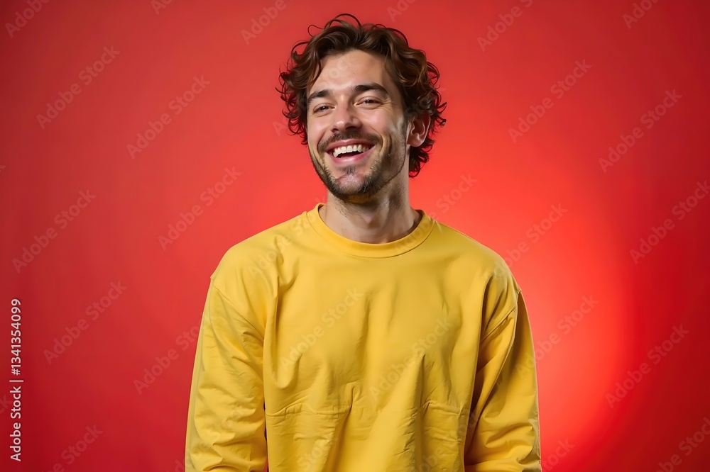 Fototapeta premium Portrait of a Cheerful Young Man with Curly Hair Smiling Against a Bright Red Background