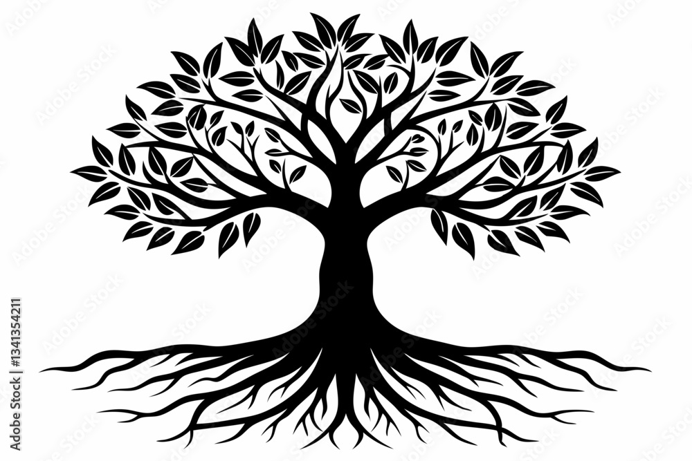 Obraz premium tree silhouette with roots line art silhouette vector illustration