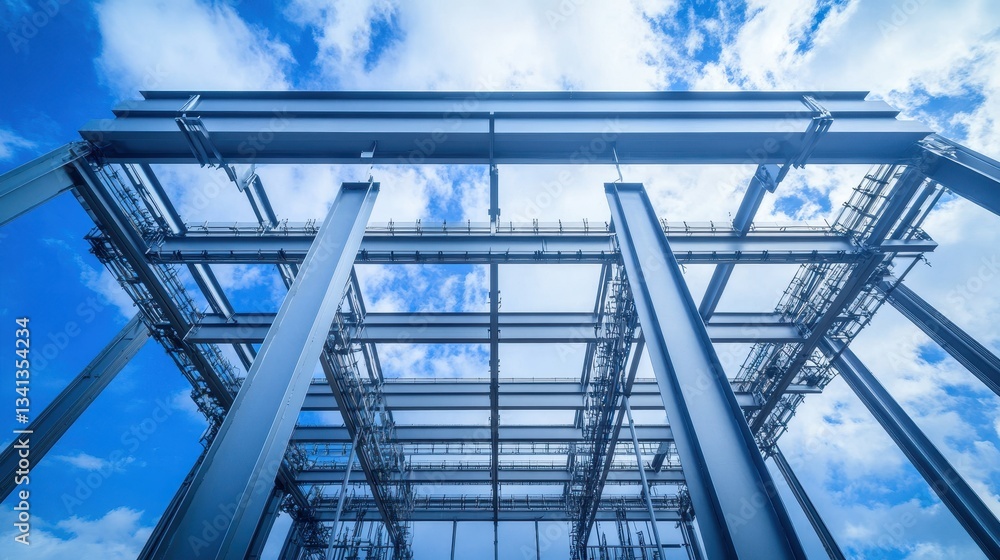 Obraz premium Modern Industrial Structure Under Blue Sky with Clouds and Framework