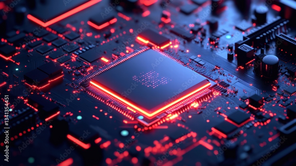 Neon-lit AI Processor Chip Embedded in Motherboard Neon-lit AI Processor Chip Embedded in Motherboard