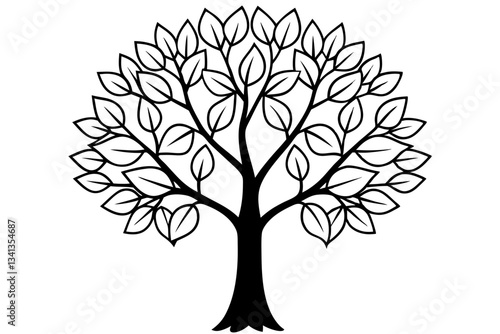 tree with leaves line art silhouette vector illustration