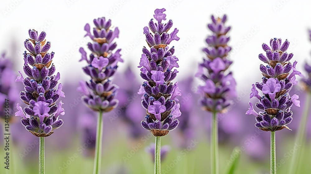 Naklejka premium Lavender blossoms in a field, focus on central spikes