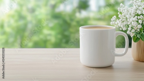 White Coffee Mug Mockup, Spring Flowers, Wooden Table