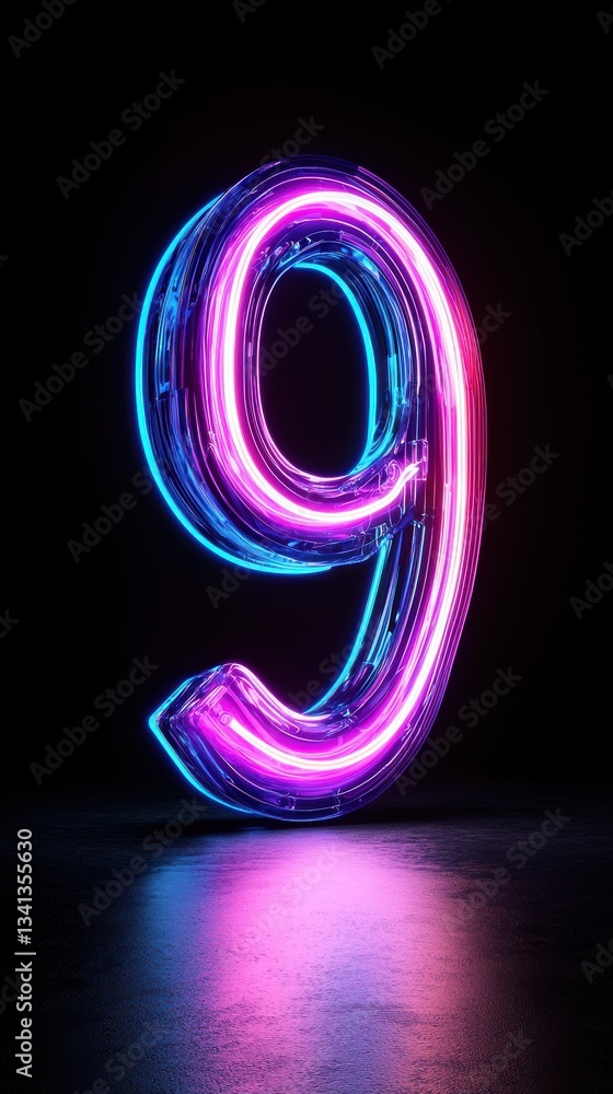 Vibrant blue to purple neon 9 shining on black background Vibrant blue to purple neon 9 shining on black background