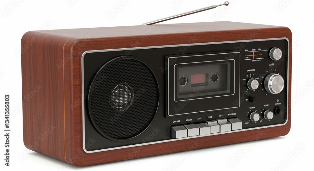 Fototapeta premium A beautifully preserved vintage wooden radio from the 1950s, featuring a polished mahogany frame, classic tuning dials, and speaker grill, isolated on a white background in UHD