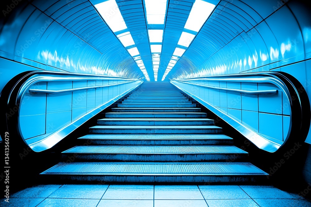Fototapeta premium Empty escalator rising to bright light at station