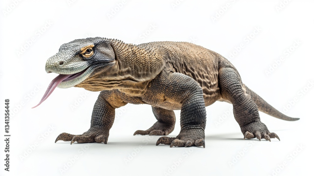 Obraz premium Powerful Komodo Dragon Stalking with Tongue Flicking Out on White Background - High Detail Reptile Photography