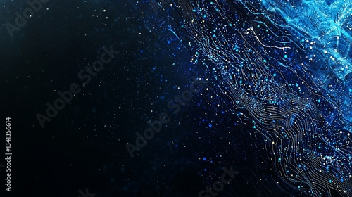 The concept of digital technology is represented through an abstract and futuristic design with polygonal shapes on a dark blue background