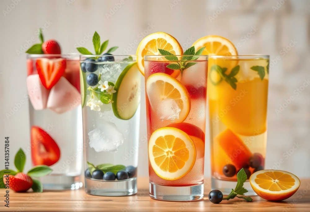 Fototapeta premium Four glasses of infused water with assorted fruits, detox, closeup