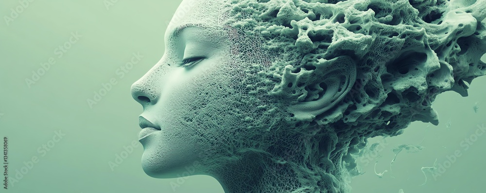 A human head digital sculpture with complex patterns, merging technology and organic forms, set against a soft green background, creating an innovative and artistic aesthetic A human head digital sculpture with complex patterns, merging technology and organic forms, set against a soft green background, creating an innovative and artistic aesthetic