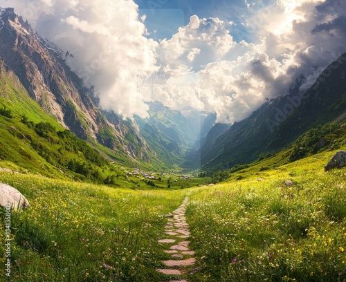 A picturesque landscape unfolds in a mountain valley in Nepal, featuring stone steps, verdant grass, and forest-covered hills beneath a blue sky with clouds and sunlight in the evening