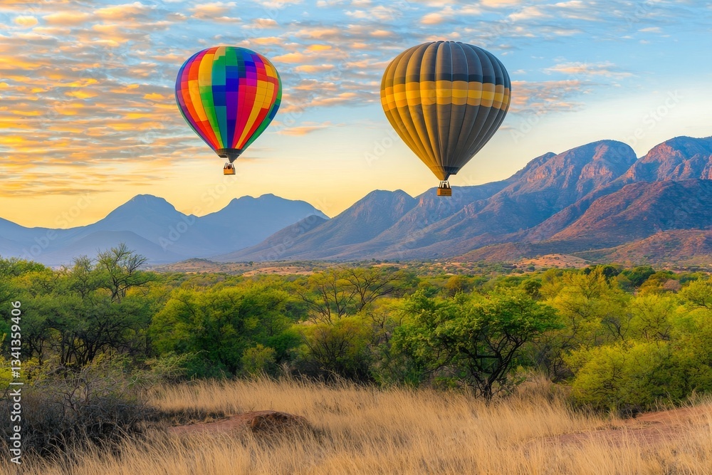 Obraz premium Tourists soar above the Pilanesberg reserve in hot air balloons, surrounded by a breathtaking landscape of mountains and blue sky, with three balloons showcasing colorful safari designs