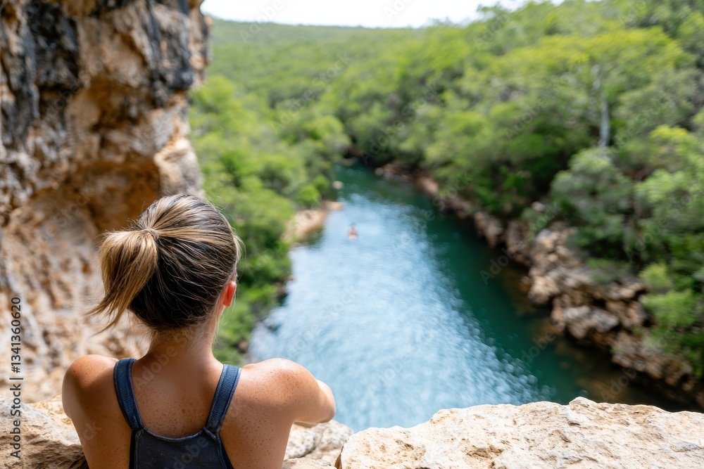 Obraz premium A relaxed woman sits on the canyon ledge, gazing down at the tranquil river weaving through the lush greenery, embodying serenity and the beauty of nature intertwined.