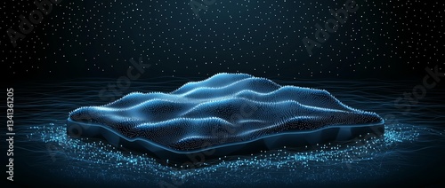 An abstract design embodying futuristic technology, characterized by polygonal shapes, is set on a dark blue background and brought to life through 3D illustration, conveying a digital technology