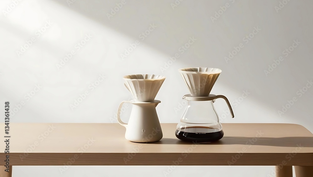 Minimalist Pour-Over Coffee Setup with Ceramic Dripper and Carafe on Wooden Table
Minimalist Pour-Over Coffee Setup with Ceramic Dripper and Carafe on Wooden Table