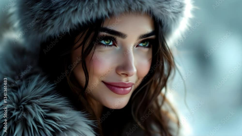 A close-up of a young, beautiful, adult woman, Caucasian, 20-25 years, in a luxurious fur hat. Winter beauty and serene expression. She personifies Nature's transformation power. High detail, 4k A close-up of a young, beautiful, adult woman, Caucasian, 20-25 years, in a luxurious fur hat. Winter beauty and serene expression. She personifies Nature's transformation power. High detail, 4k